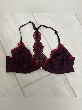 Free People Deep Plum Lace Bralette with Red Trim, Size 34C